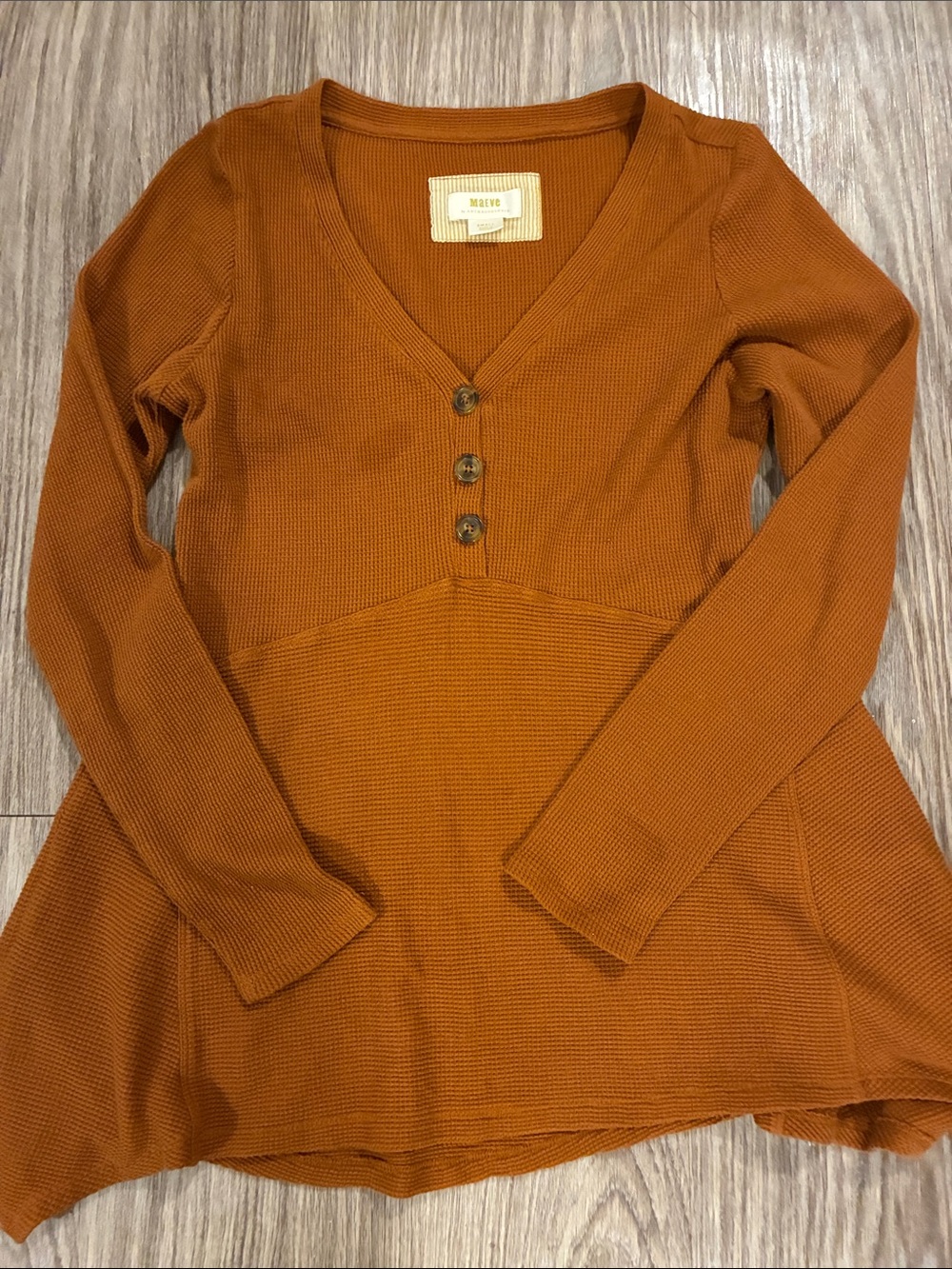 Maeve Burnt Orange Waffle Knit V-Neck Henley Long Sleeve Top